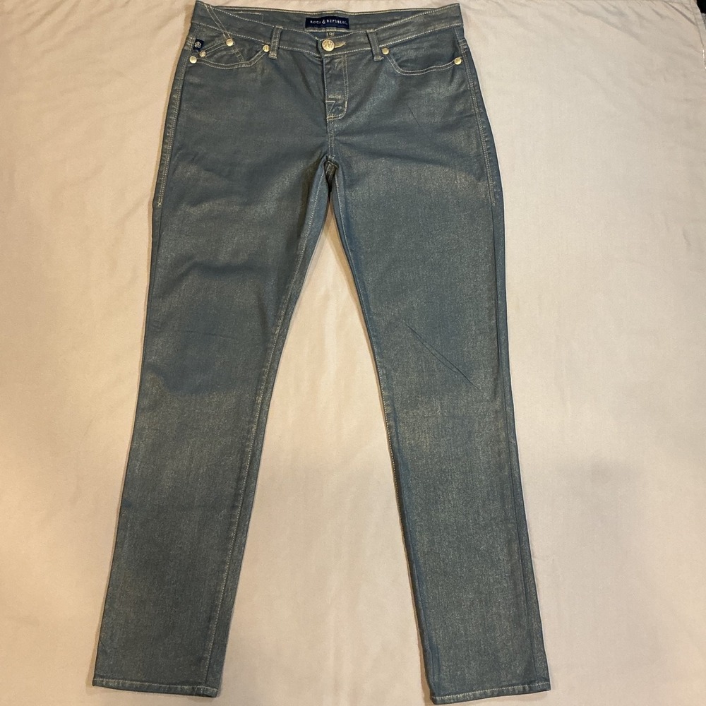 Rock Republic Jeans Womens 12 Blue Gold Denim Berlin Skinny Mid Rise Retro 33x31